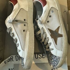 White and Red Sneakers with Distressed Look and Glitter Detailing